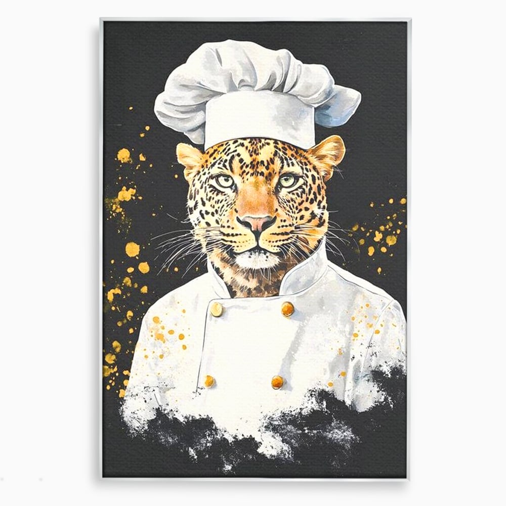 Tablou canvas cu tablou canvas cu leopard bucatar, in rama de aluminiu argintiu